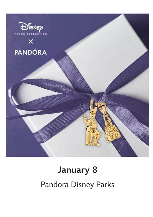 Sparkling Pandora Disney Parks charm featuring classic Disney characters on purple ribbon, perfect Disney collectible jewelry.