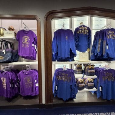 Disney-inspired merchandise featuring purple and blue apparel and accessories.