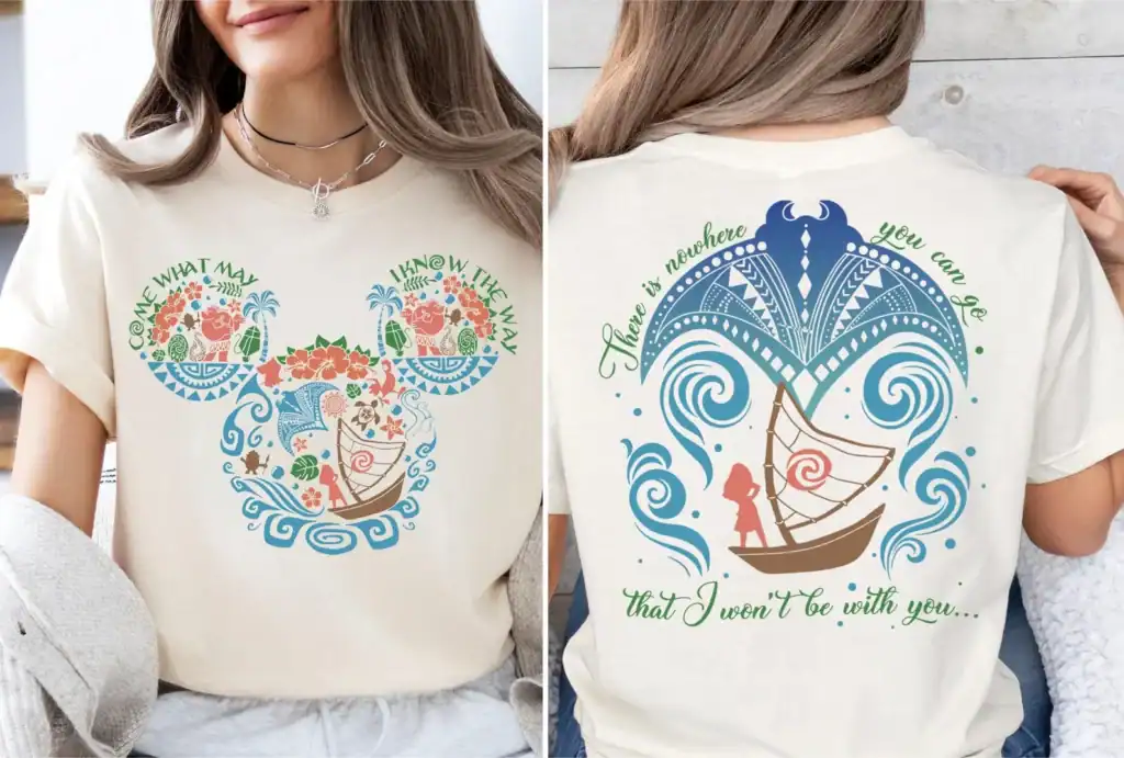 Disney themed T-shirt with vibrant floral and boat design, perfect for Disney fans.