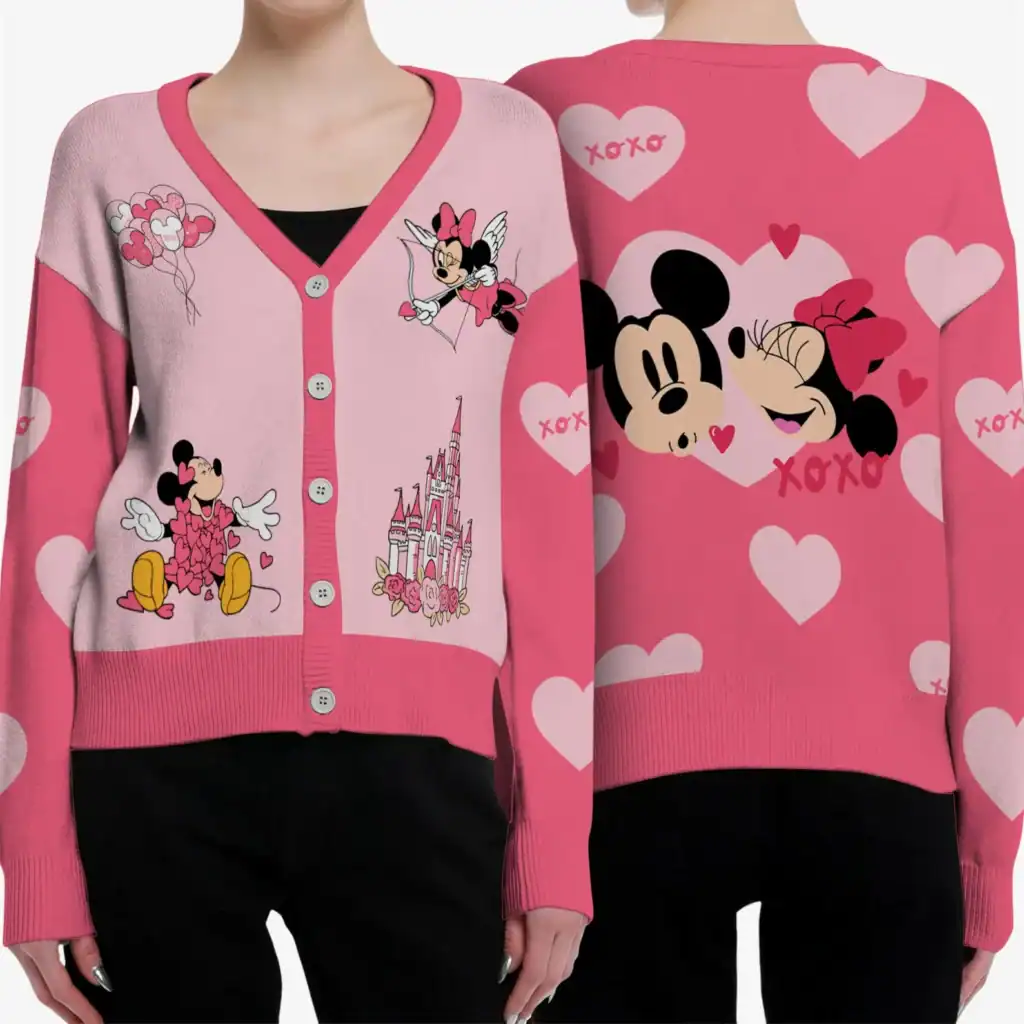 Pink Minnie Mouse Valentines Day sweater with Disney castle design, perfect for Disney fans.