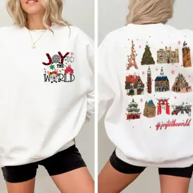 Disney Christmas sweatshirt featuring joyful design with holiday icons and "#joytotheworld" hashtag, ideal for festive occasions.