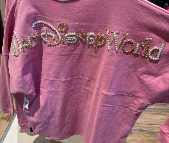 Disney World sweatshirt with pearl and gold lettering, trendy Disney fashion for casual wear.