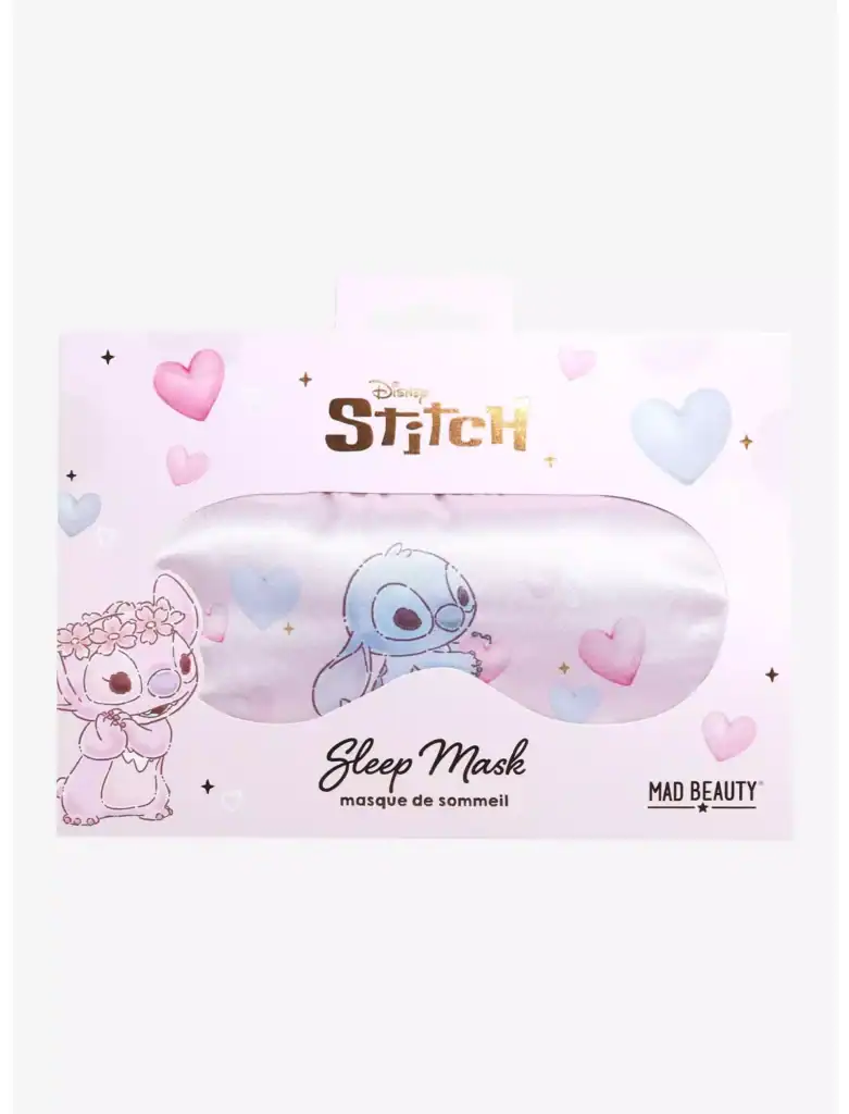 Cute Disney Stitch sleep mask with pink hearts, perfect for Disney fans and relaxation.