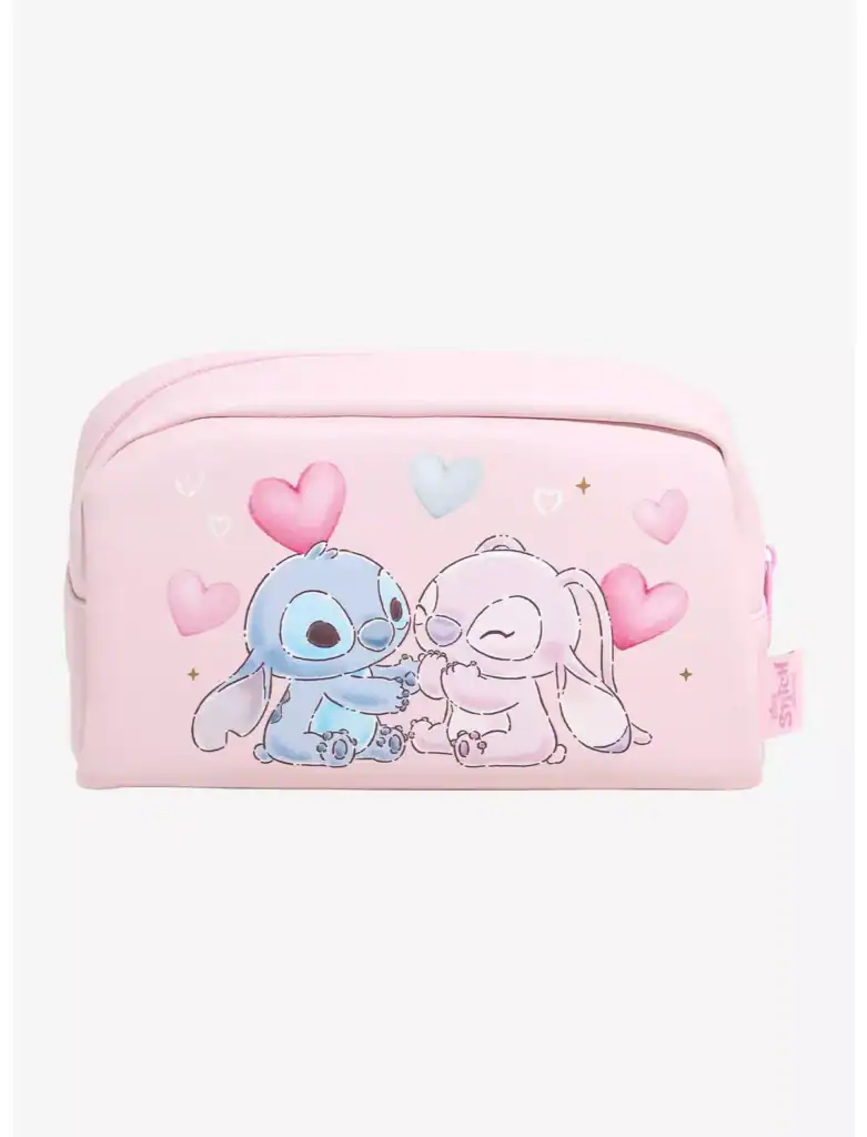 Cute Stitch and Angel Disney characters on pink pouch, perfect for Disney fans.