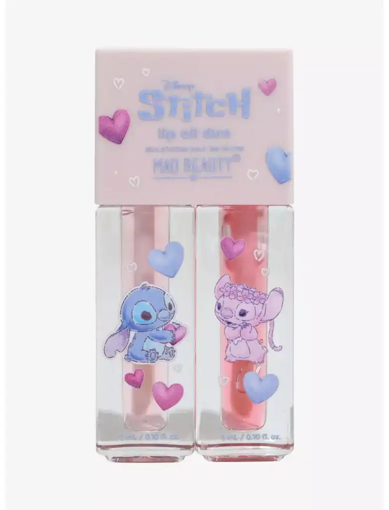 Cute Disney Stitch and Angel lip gloss set with hearts. Perfect for Disney fans and lip care lovers.