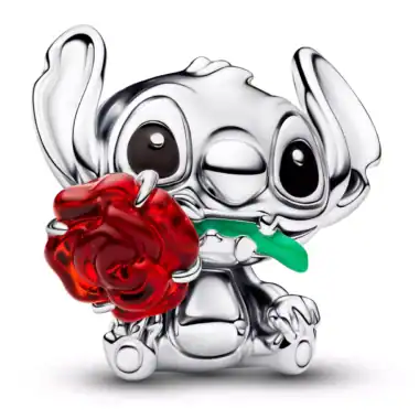 Sleek silver Stitch charm holding a red rose and green leaf, inspired by Disney's Lilo & Stitch.