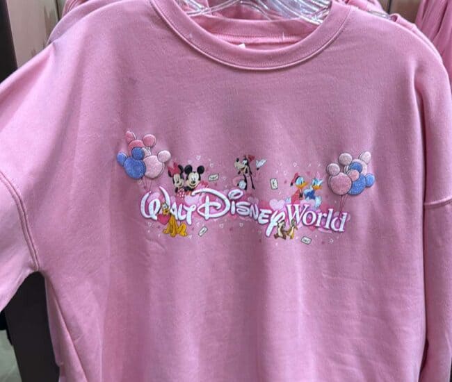 Cute pink Disney sweatshirt featuring Mickey, Minnie, and friends at Disney World.