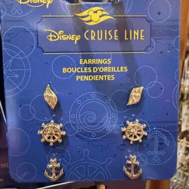 Stylish Disney cruise line themed earrings with ship wheel and anchor designs in gold finish. Perfect for Disney fans and nautical fashion.