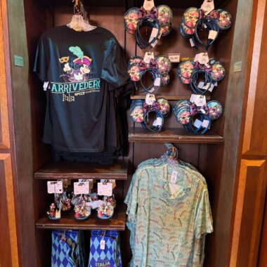Cute Minnie Mouse ears headbands and themed shirts for Disney fans at EPCOT Italy Pavilion.