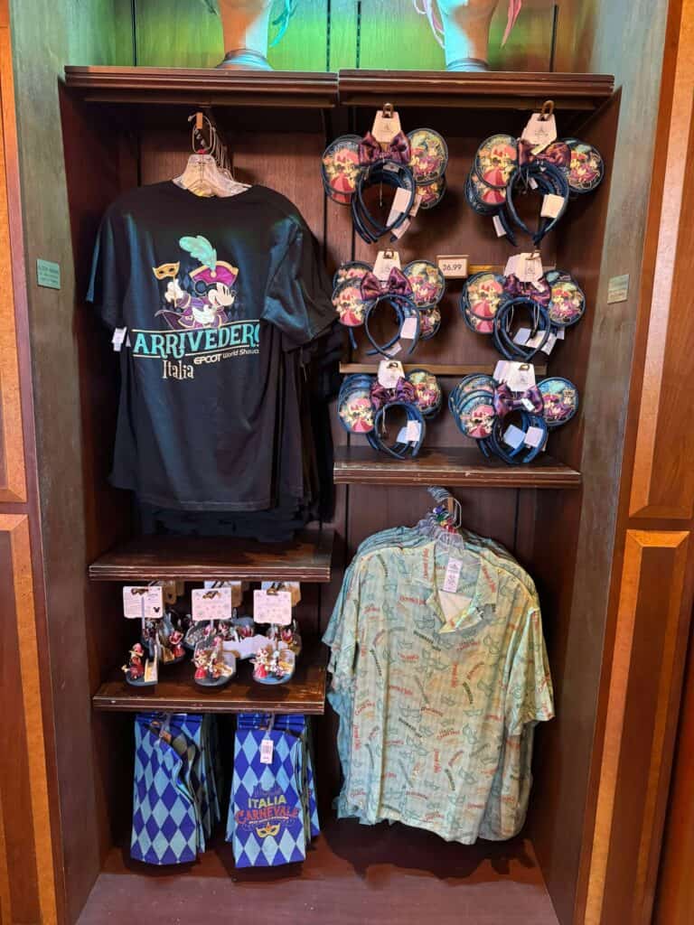 Cute Minnie Mouse ears headbands and themed shirts for Disney fans at EPCOT Italy Pavilion.