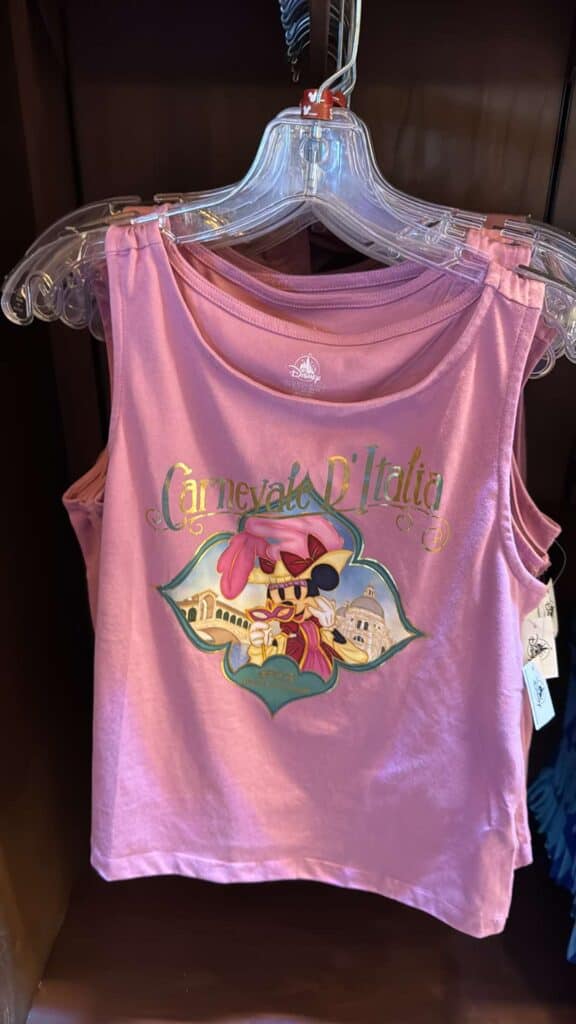 Colorful pink sleeveless Disney shirt featuring Minnie Mouse in Venice Carnival mask, perfect for Disney fans.