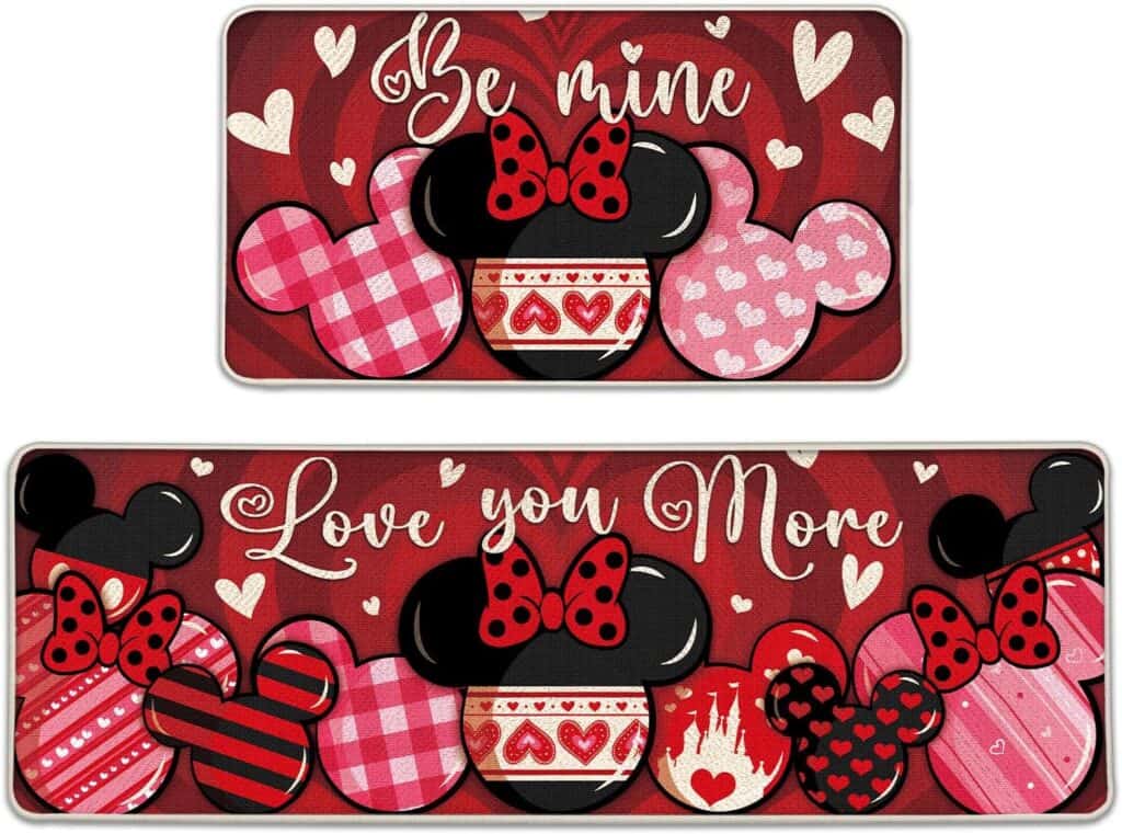Minnie Mouse themed Valentine's Day decorative signs with heartfelt messages and themed heart and bow accents.