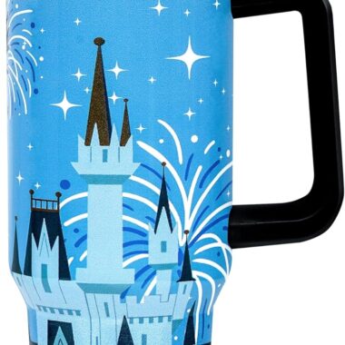 Disney castle travel mug with fireworks, ideal for Disney lovers and theme park souvenirs.