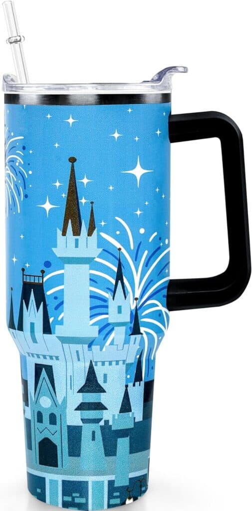 Disney castle travel mug with fireworks, ideal for Disney lovers and theme park souvenirs.