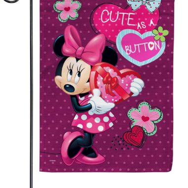 Colorful Minnie Mouse Valentine's Day flag with hearts and flowers for kids.