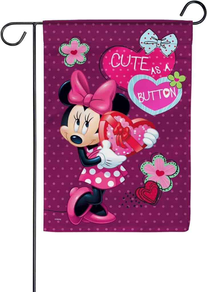 Colorful Minnie Mouse Valentine's Day flag with hearts and flowers for kids.