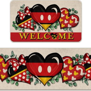Mickey Mouse themed heart welcome mats.