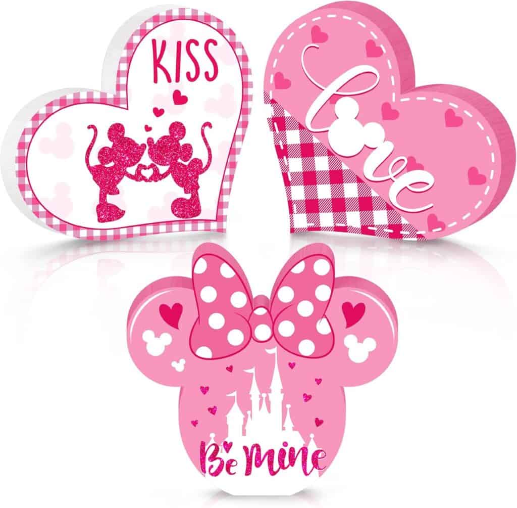Pink and white Disney-themed Valentine's Day stickers featuring Mickey and Minnie Mouse in hearts.