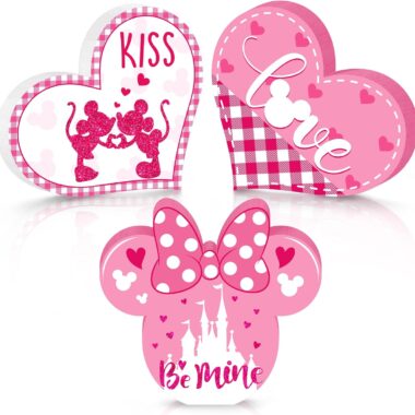 Pink and white Disney-themed Valentine's Day stickers featuring Mickey and Minnie Mouse in hearts.