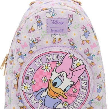 Feminine Disney Daisy Duck backpack with floral and cartoon print, ideal for Disney fans and school accessories.