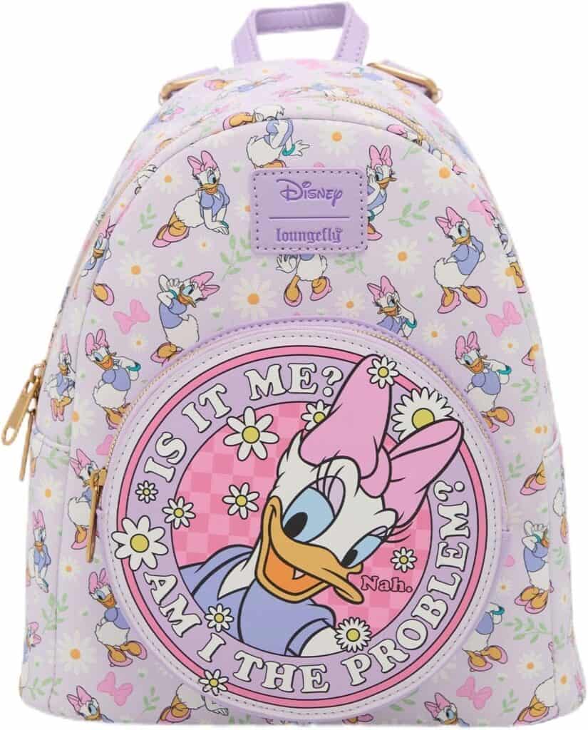 Feminine Disney Daisy Duck backpack with floral and cartoon print, ideal for Disney fans and school accessories.