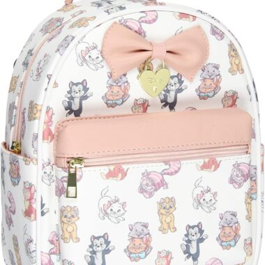 Colorful Disney cat print backpack with pink bow, gold lock, and multiple pockets for kids.
