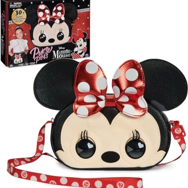 Cute Minnie Mouse themed purse with red and white polka dot bow and adjustable strap.