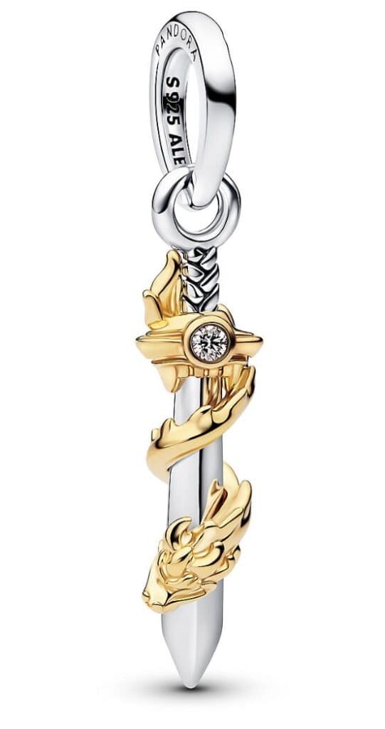 Sterling silver and gold dragon charm with diamond accent, perfect Disney jewelry accessory.