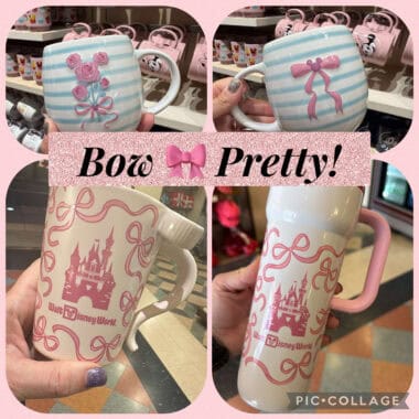 Disney-themed Starbucks coffee mug with pink bows and castle motif.