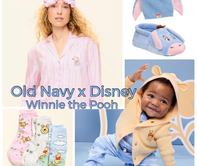 Cute Winnie the Pooh themed baby and kids clothing, socks, slippers, and hats from Disney x Old Navy collection.