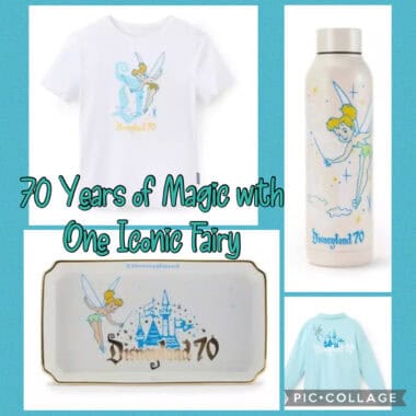 Walt Disney World 70th anniversary merchandise featuring Tinker Bell and Disneyland design.