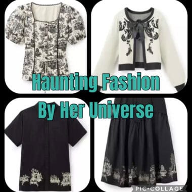 Resort wear featuring classic black and white Disney-themed dresses, cardigans, and skirts.