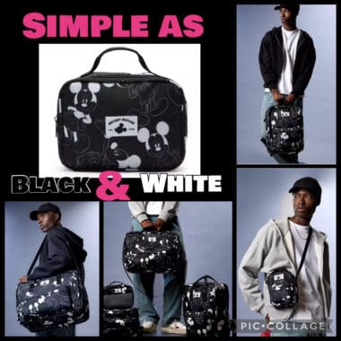 Stylish black and white Mickey Mouse backpack, perfect for Disney fans and casual outings.