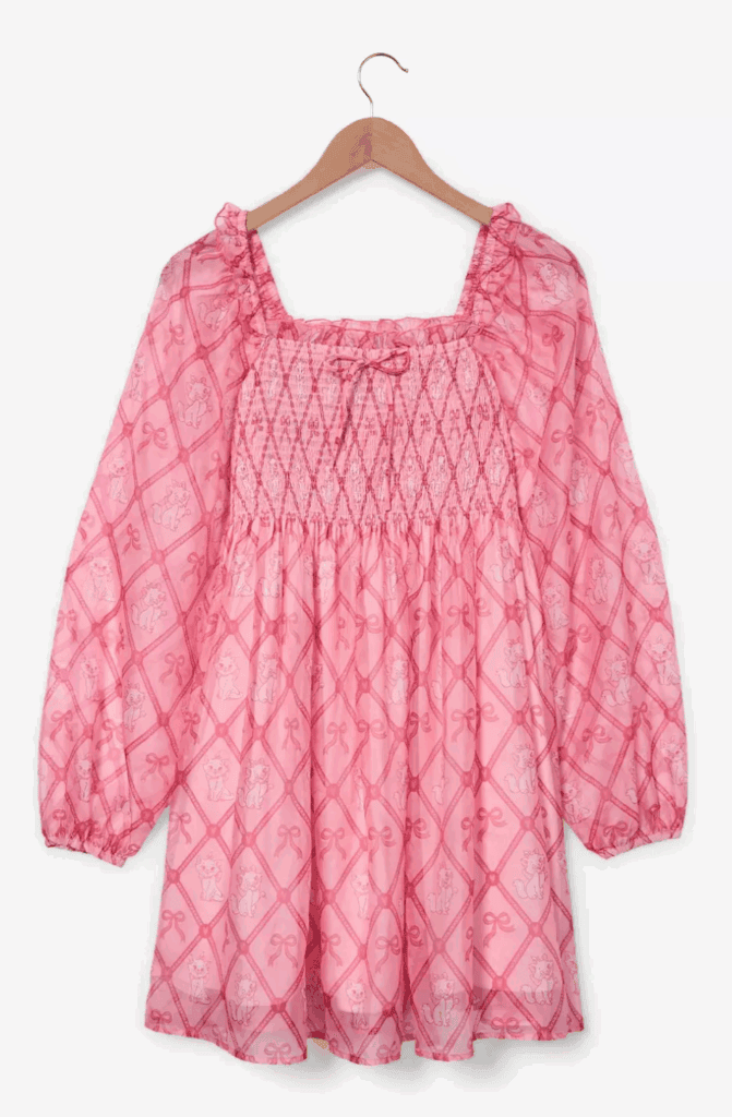 Bright pink Disney-inspired dress with embroidered character details and puffed sleeves. Perfect for magical Disney fan outfits.