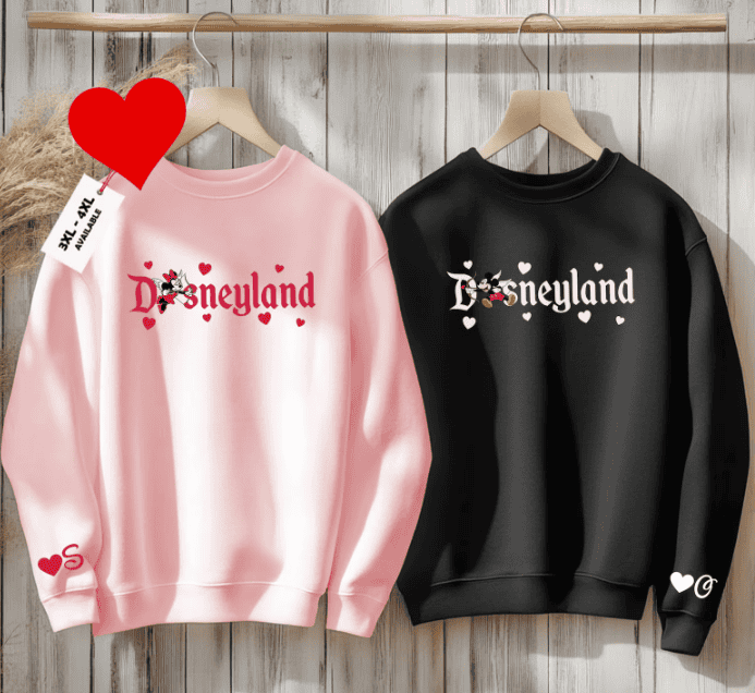 Cute Disneyland-themed sweatshirts with heart and Mickey Mouse designs for fans.