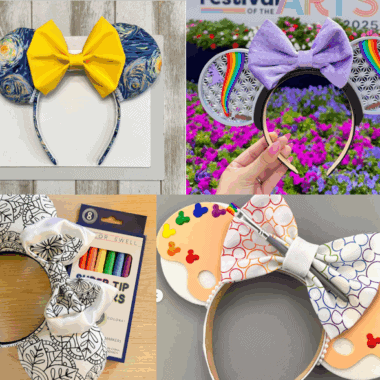 Disney-inspired Mickey Mouse ears headband featuring vibrant yellow bow and patterned ears.