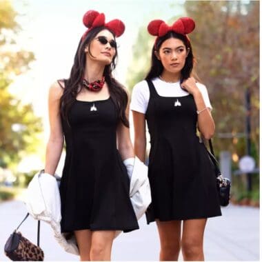 Cute Disney-themed Minnie Mouse ear headbands for women, paired with stylish black dresses, perfect for Disney fashion lovers.