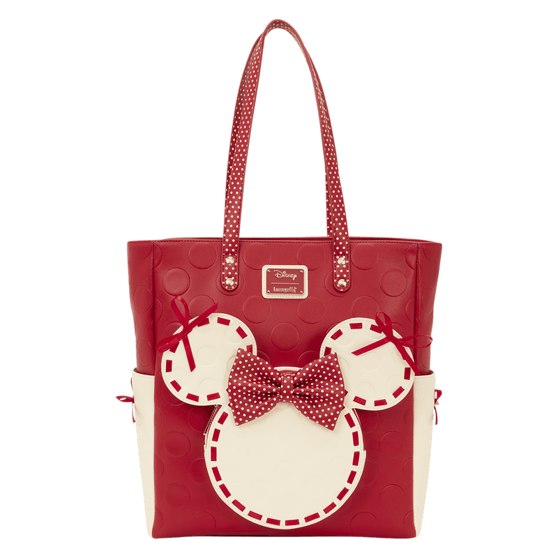 Stylish Disney Minnie Mouse tote bag with bow and polka dot accents, perfect for Disney fans.