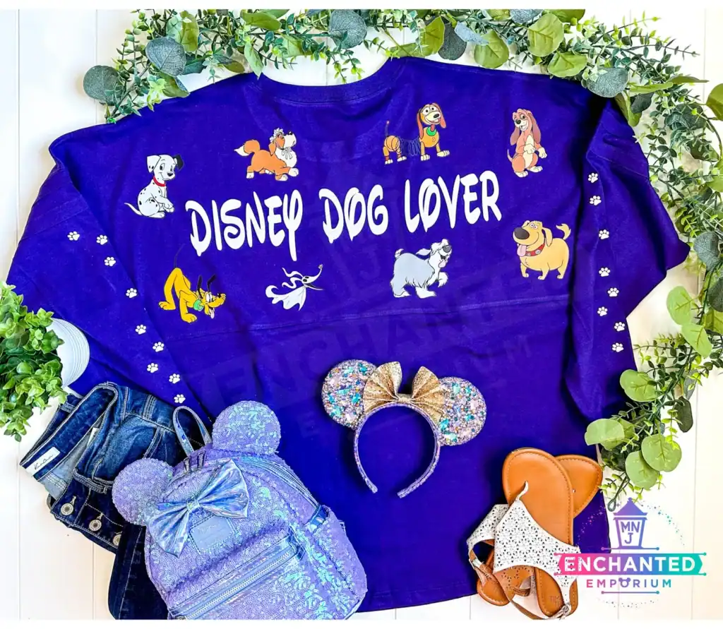 Enjoy Disney-themed style with a fun Disney Dog Lover shirt, Minnie Mouse ears, and matching accessories.