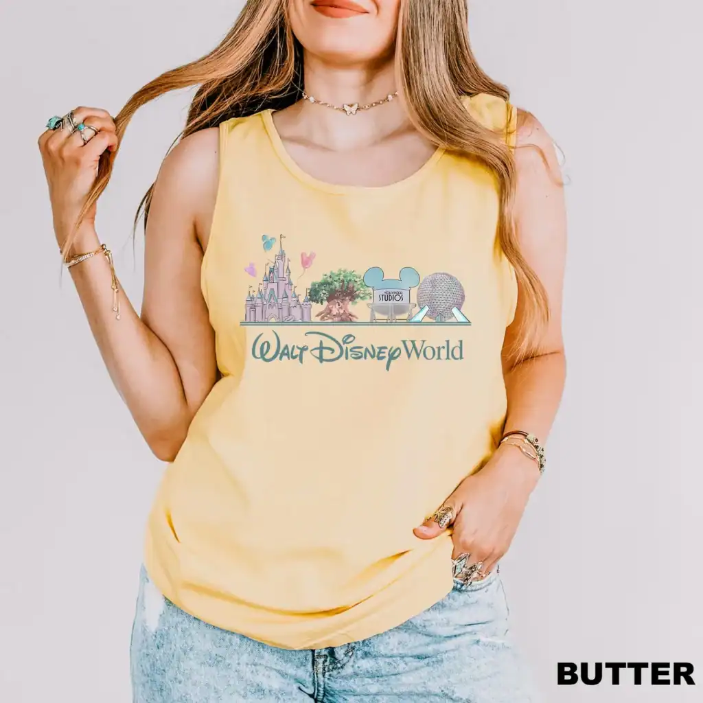 Bright yellow Disney World tank top with iconic theme park graphics and logo.