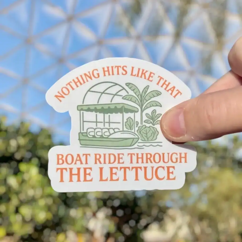Vibrant sticker with lettuce, boat, and lettuce-themed text, perfect for Disney-themed fun and outdoor activities.