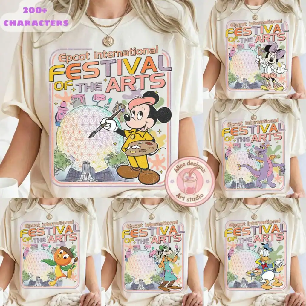 Colorful Disney character graphic T-shirt celebrating Epcot arts festival.