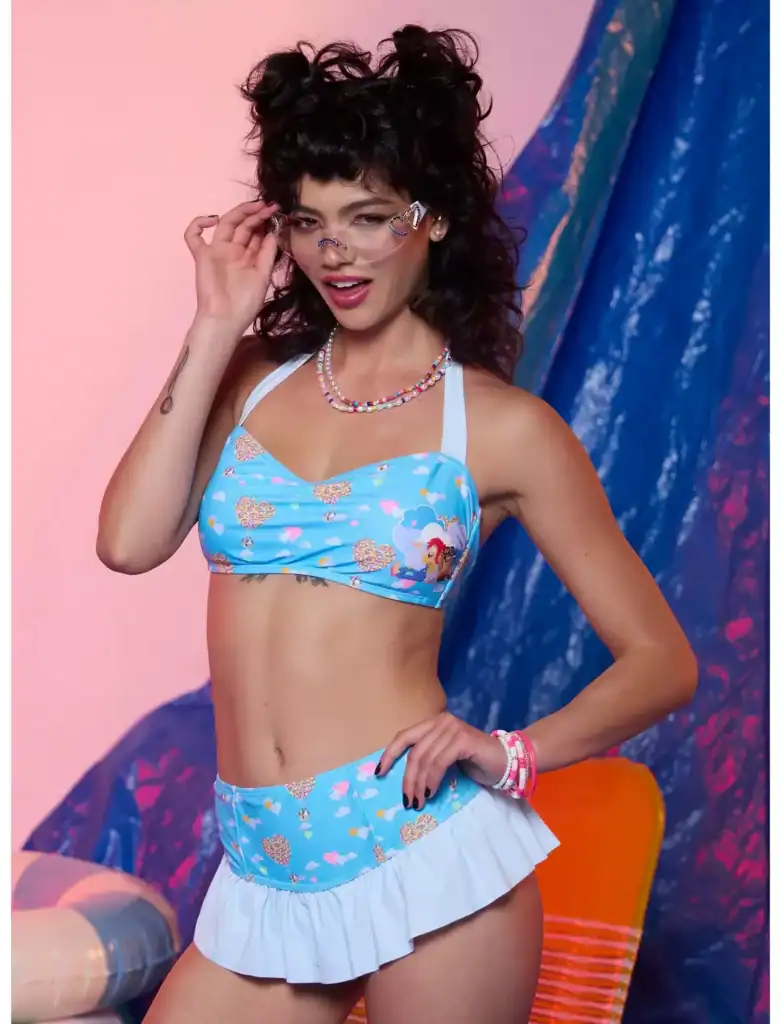 Themed swimsuit with ocean and mermaid prints. Perfect for summer beach days and pool parties.