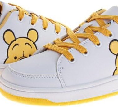 White Winnie the Pooh sneakers with yellow accents and laces, perfect for Disney fans.