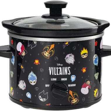Villains themed slow cooker with Disney villain faces and temperature labels for fun cooking.