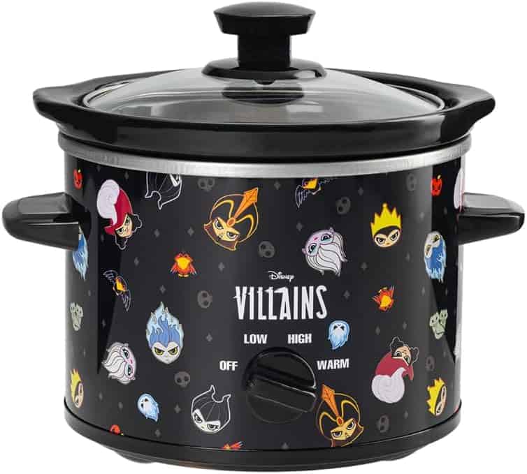 Villains themed slow cooker with Disney villain faces and temperature labels for fun cooking.