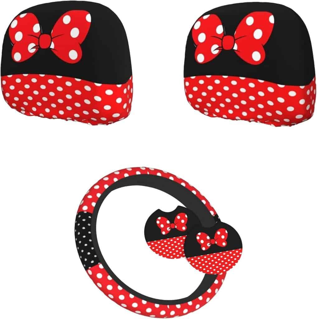 Cute Minnie Mouse-themed car accessories with red and white polka dots.