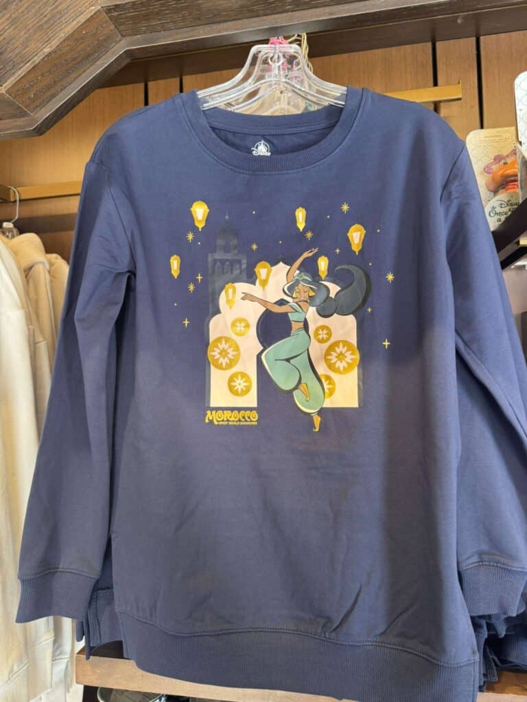Cozy Disney princess sweatshirt featuring Jasmine with lanterns and stars.