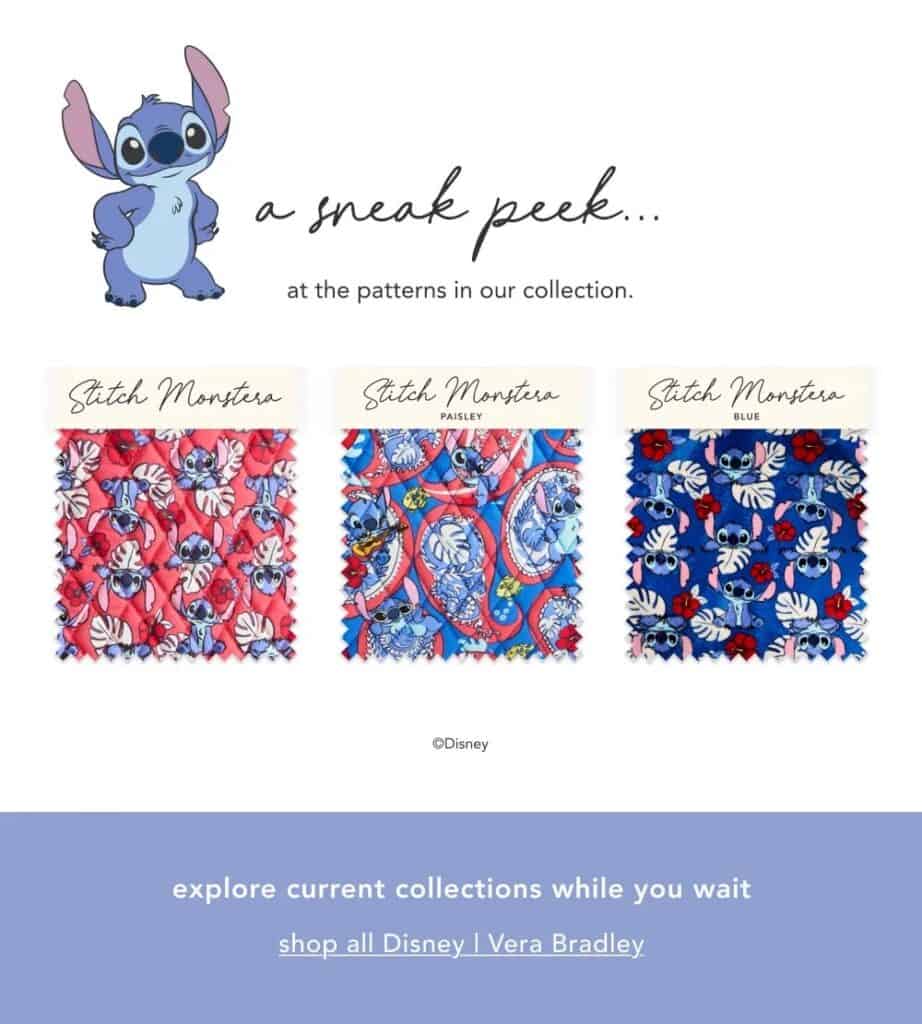 Stitch x Vera Bradley Monstera fabric patterns featuring Stitch design in vibrant colors.