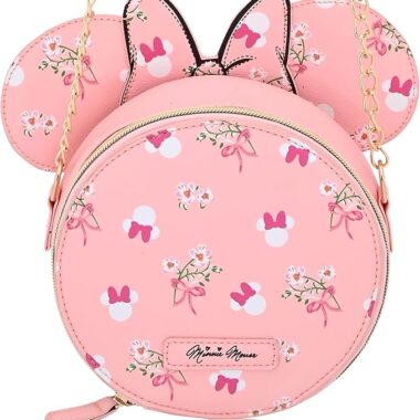Cute Minnie Mouse-themed pink floral bag with ears and gold chain strap.